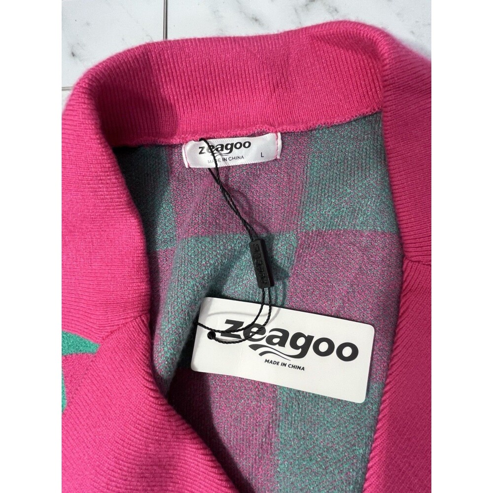 Zeagoo Hot Pink Green Plaid Sweater NEW Womens L Clueless Preppy Prep School - Picture 5 of 10